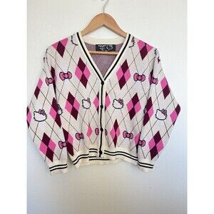 Hello Kitty Argyle Knit Cardigan Sweater Pink Burgundy Preppy Coquette Mall Y2K